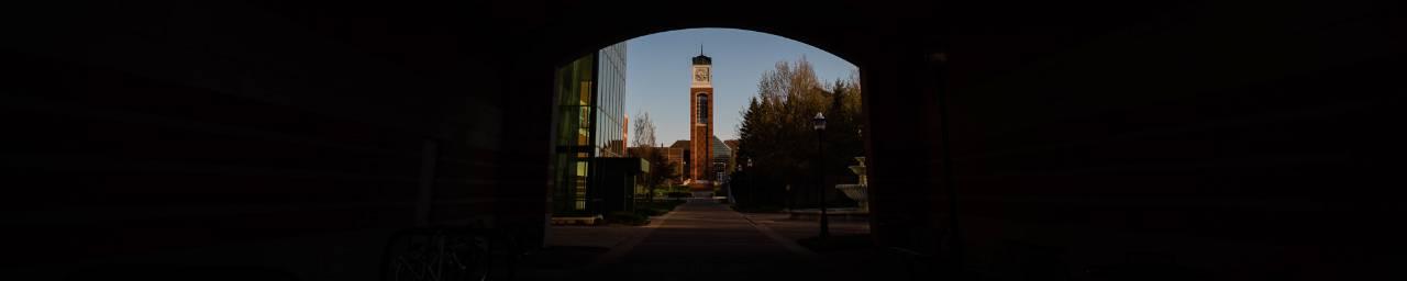 从塔顶的拱门俯瞰钟楼 & 南希·卢伯斯学生服务中心.